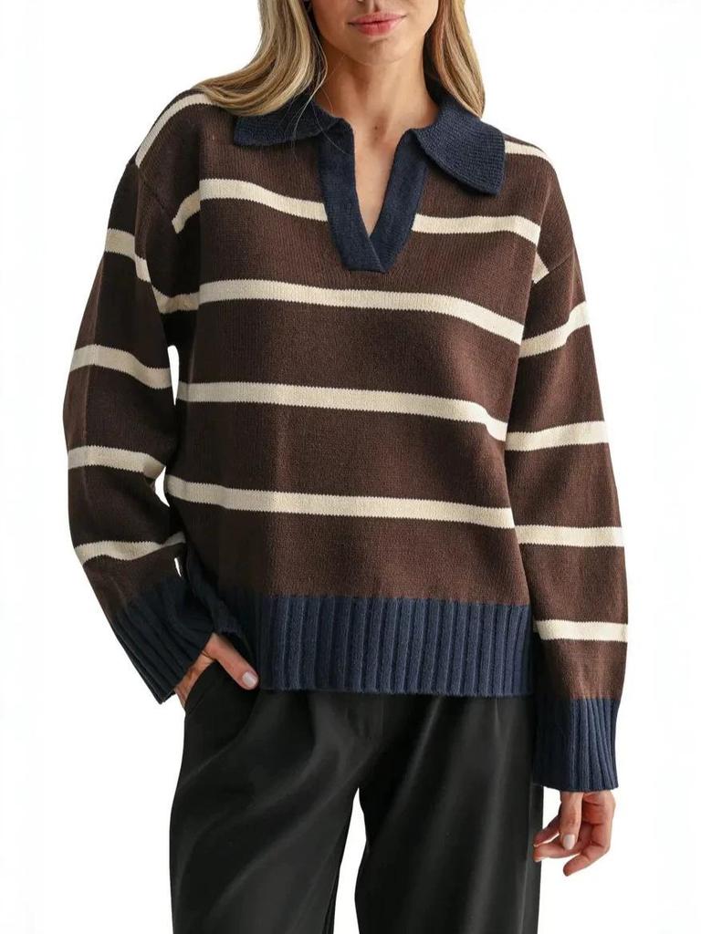 Maglione a Righe con Collo a Polo da Donna Yuehe Cross - Moda 2026 Classico Casual