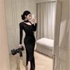 American Spice Girl Dress Women's Black Pure Wind Pinch Waist Hip Wrap Short Skirt One Shoulder Lace Off Shoulder Long Sleeve Women
