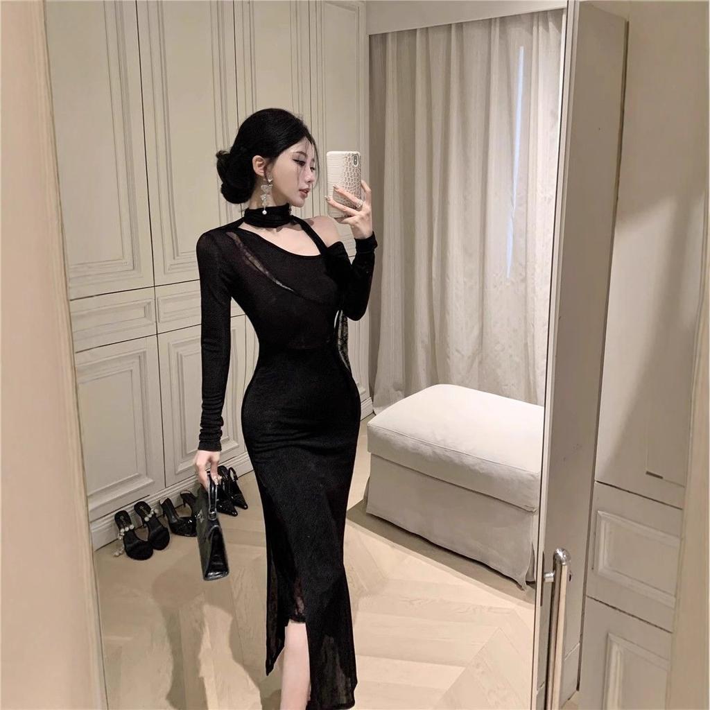 American Spice Girl Dress Women's Black Pure Wind Pinch Waist Hip Wrap Short Skirt One Shoulder Lace Off Shoulder Long Sleeve Women