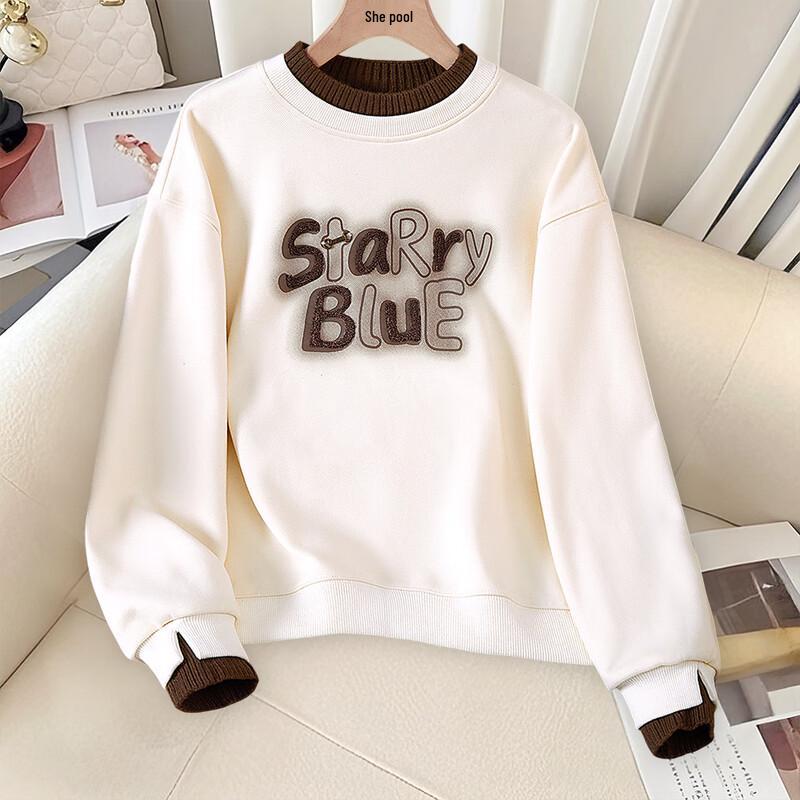 Women s Embroidered Ribbed Patchwork Crewneck Sweatshirt L