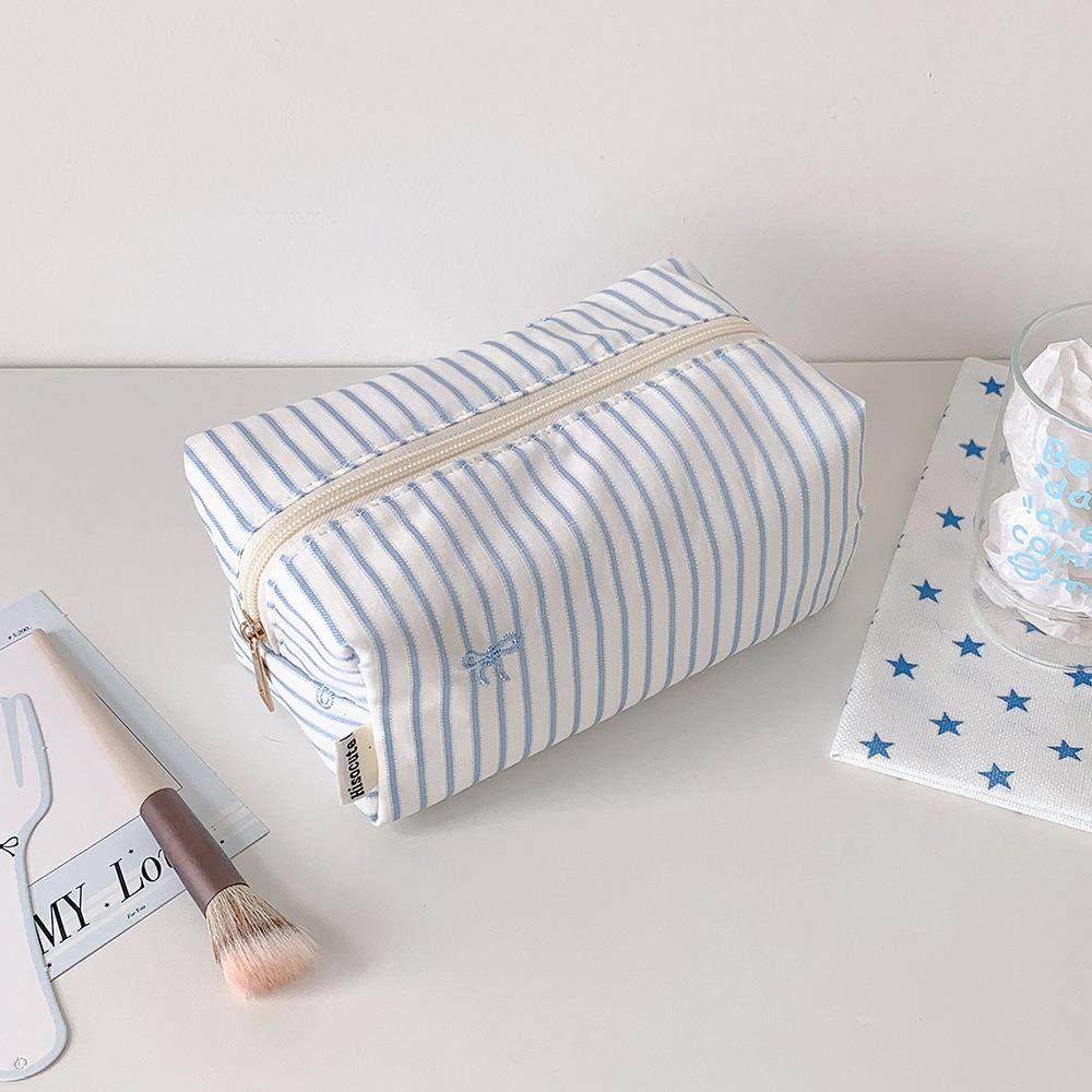 Large Capacity Cosmetic Bag Striped Bow Embroidery Pen Bag Portable Makeup Pouch