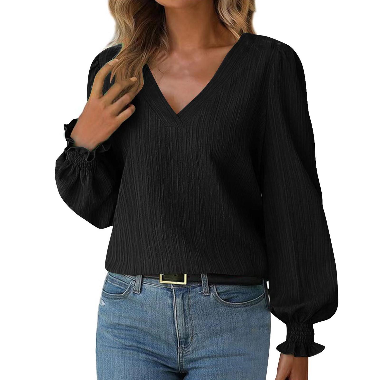 

Женская однотонная рубашка с V-образным вырезом и длинными рукавами, осенние топы L чёрный
