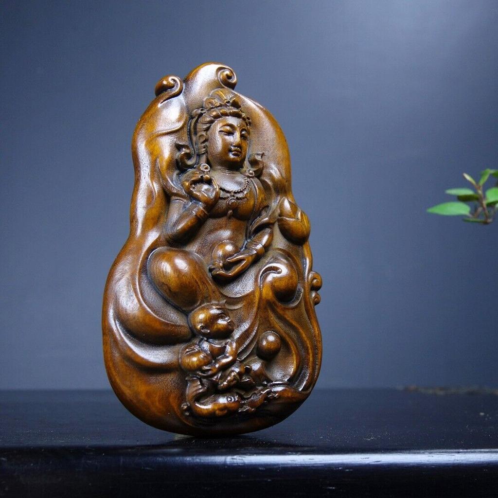 Chinesischer Buchsbaum Holz geschnitzt Exquisite beidseitige Kwan-Yin Statue Geschenk Kunst