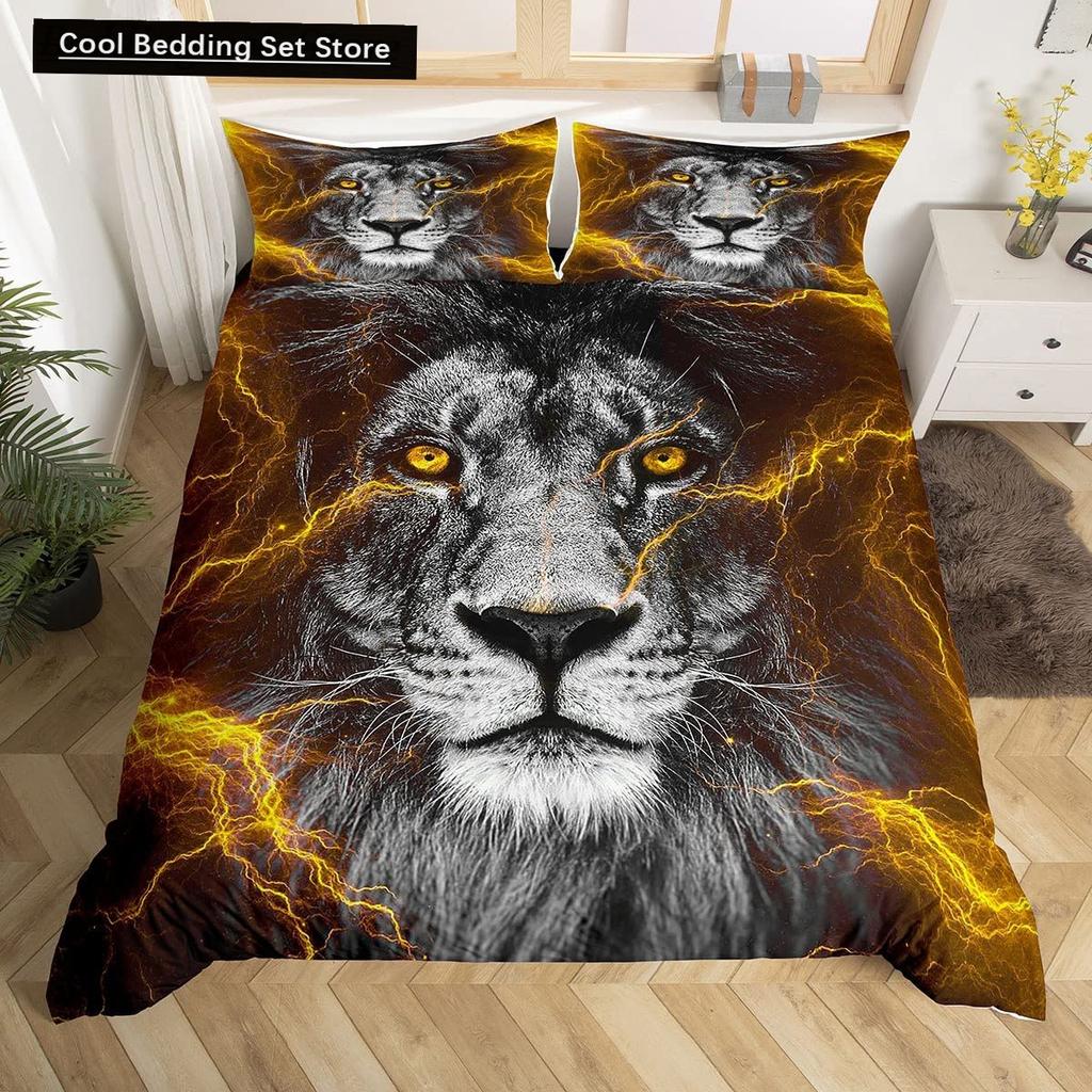 Rei Leão Rainha Capa de Edredom Conjunto de Cama Animal Relâmpago Leão Dourado 2/3 Peças Capa de Edredom Cinza Preto Dourado Poliéster Capa de Edredom