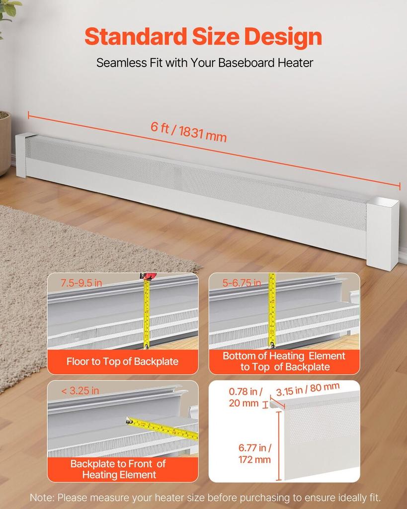 Baseboard Heater Covers, Basic Series 1831 Mm Standard Electric Heating Unit Front Cover for Home Improvement, Heavy-duty Steel, Easy Installation for