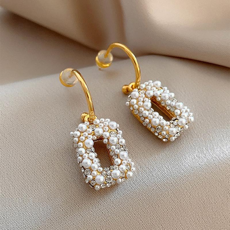 European and American retro diamond-set geometric square pearl stud earrings temperament earrings women