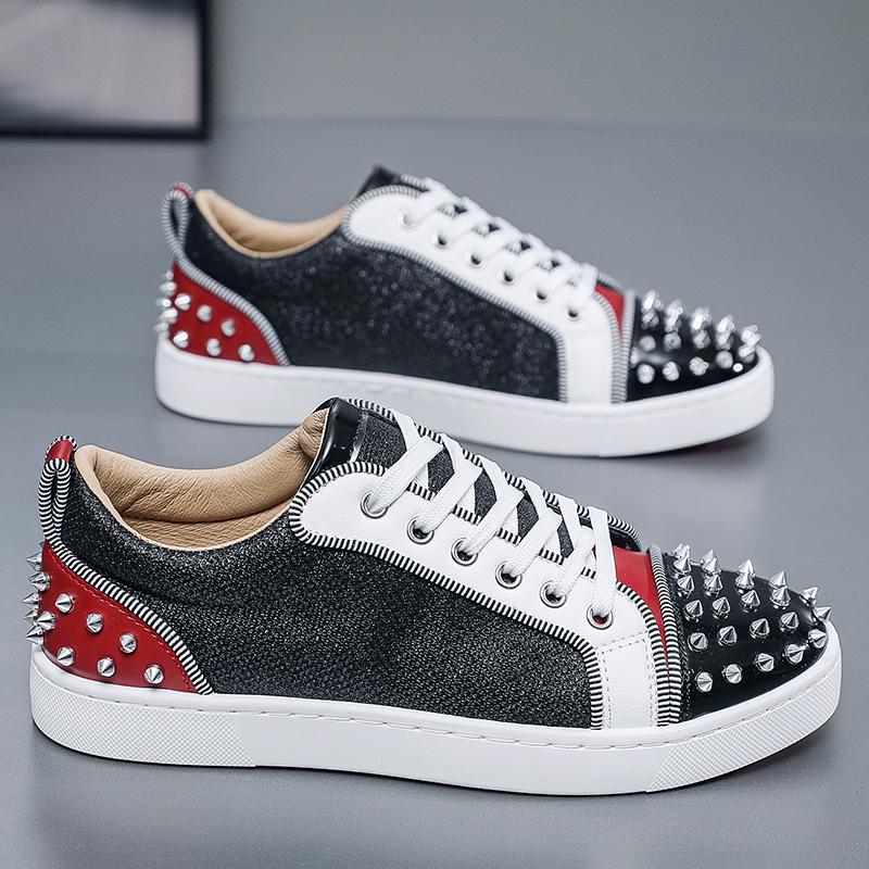 Mode Leder Canvas Atmungsaktiv Höhenvergrößernd Flache Plateau Weiße Schuhe Sneaker Lässig Herren Designer Nieten Punk Board Schuhe
