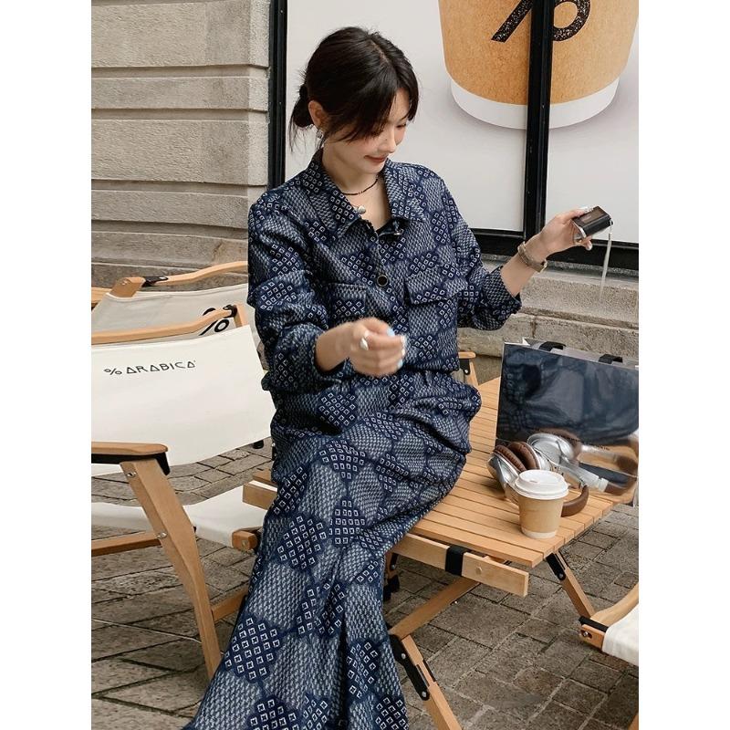 Żakardowy garnitur dżinsowy damski jesień nowy top szerokie spodnie casualowy dwuczęściowy zestaw