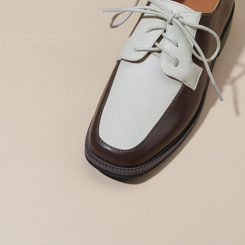 Fashion Women's new spring and autumn square toe lace up mid heel plus color blocked casual and comfortable Oxford single shoe
