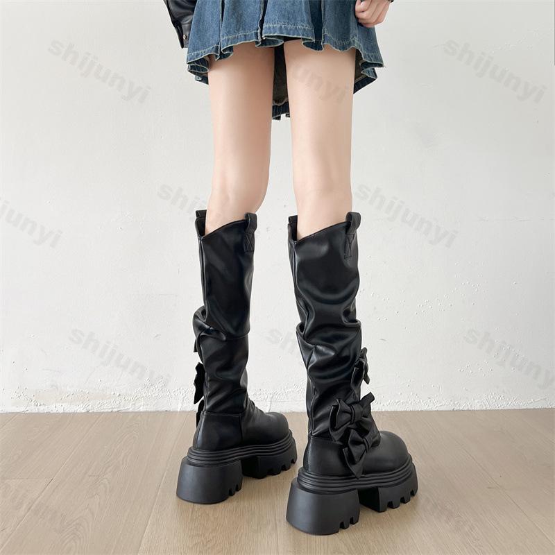 Women Knee High Boots 2026 Autumn New Platform Thick Bottom Retro Wrinkle Bow Fashion Boots High Quality Casual Outdoor Boots