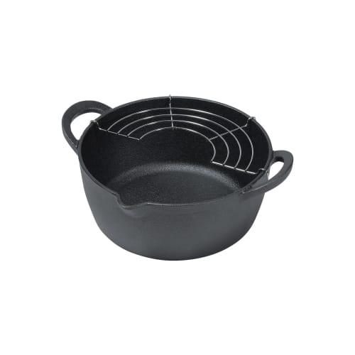 Pearl Metal 20cm Cast Iron Tempura Pan, Induction and Oven Compatible, Sprout Design, HB-6479