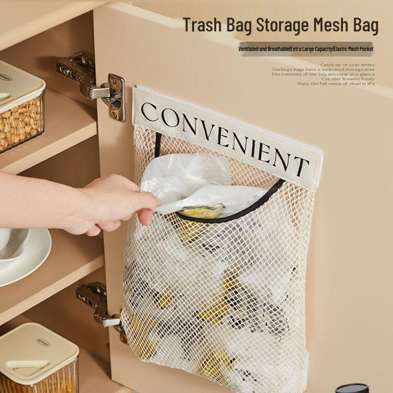

Wall-Mounted Kitchen Trash Bag Organizer with Velcro Mesh Pocket