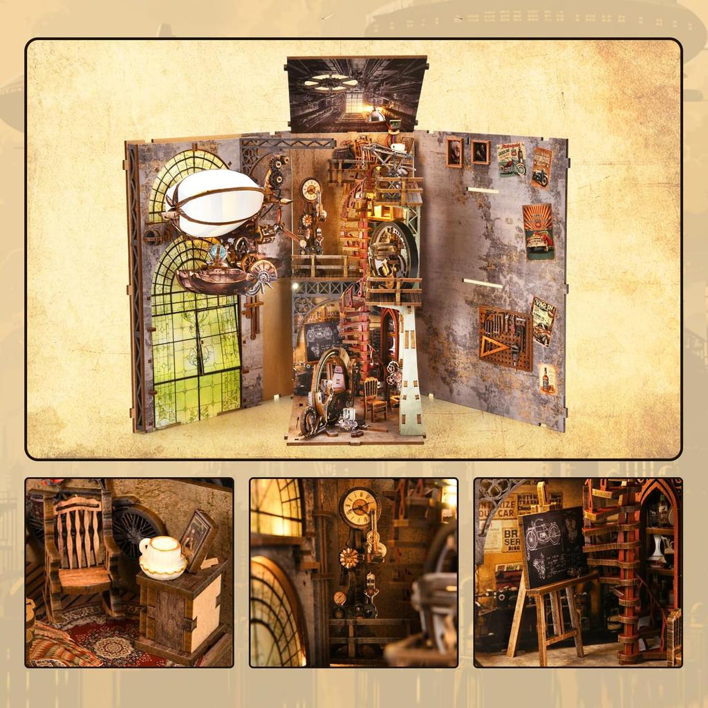 CRESYMME Book Nook Dollhouse Leeds Miniature House Log House Kit Wooden 3D Puzzle Handmade For Adults with LED Lights Airship (Balloon House)
