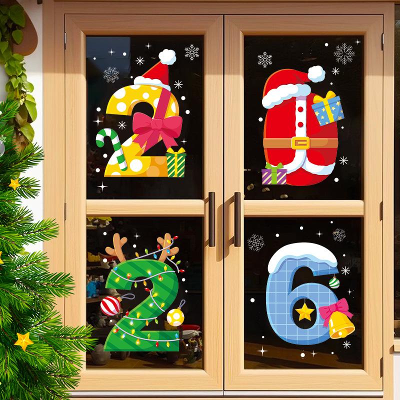 2026 New Christmas Decorations Happy New Year Snowman Pinecone Electrostatic Stickers Santa Claus Party Glass Stickers