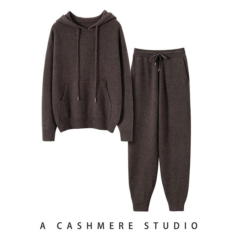 Women's Loose Fit Hooded Cashmere Sweater Set - 2026 Autumn/Winter Solid Color Gentle Style Base Layer.