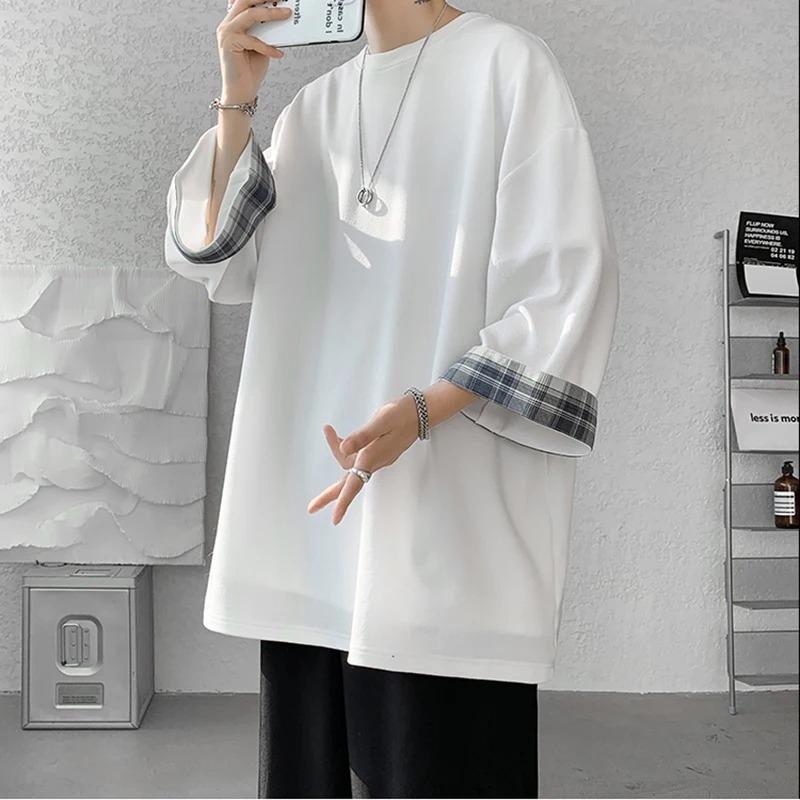 Men T Shirts Summer Men's Women Oversized Korean Style Loose Plaid Casual Seven Sleeves White