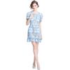 French Style Niche Temperament Socialite Light Blue Round Neck Lace Short Sleeved Dress Rhinestone Single Breasted Waist Cinched Short Skirt for Women