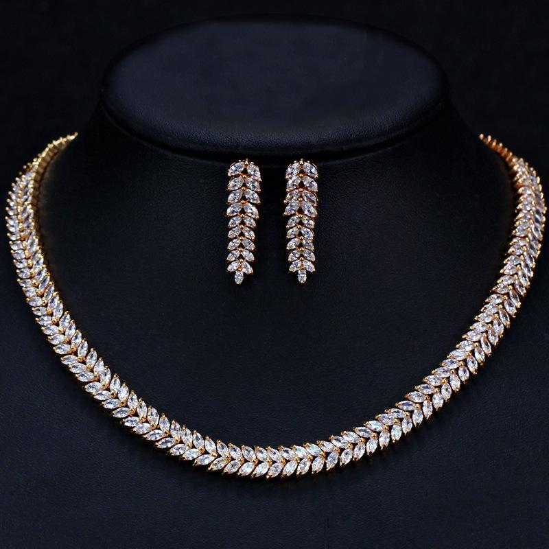 

T0123 Модные свадебные банкетные украшения 3A циркон, ожерелье серьги в форме листьев, набор из двух предметов