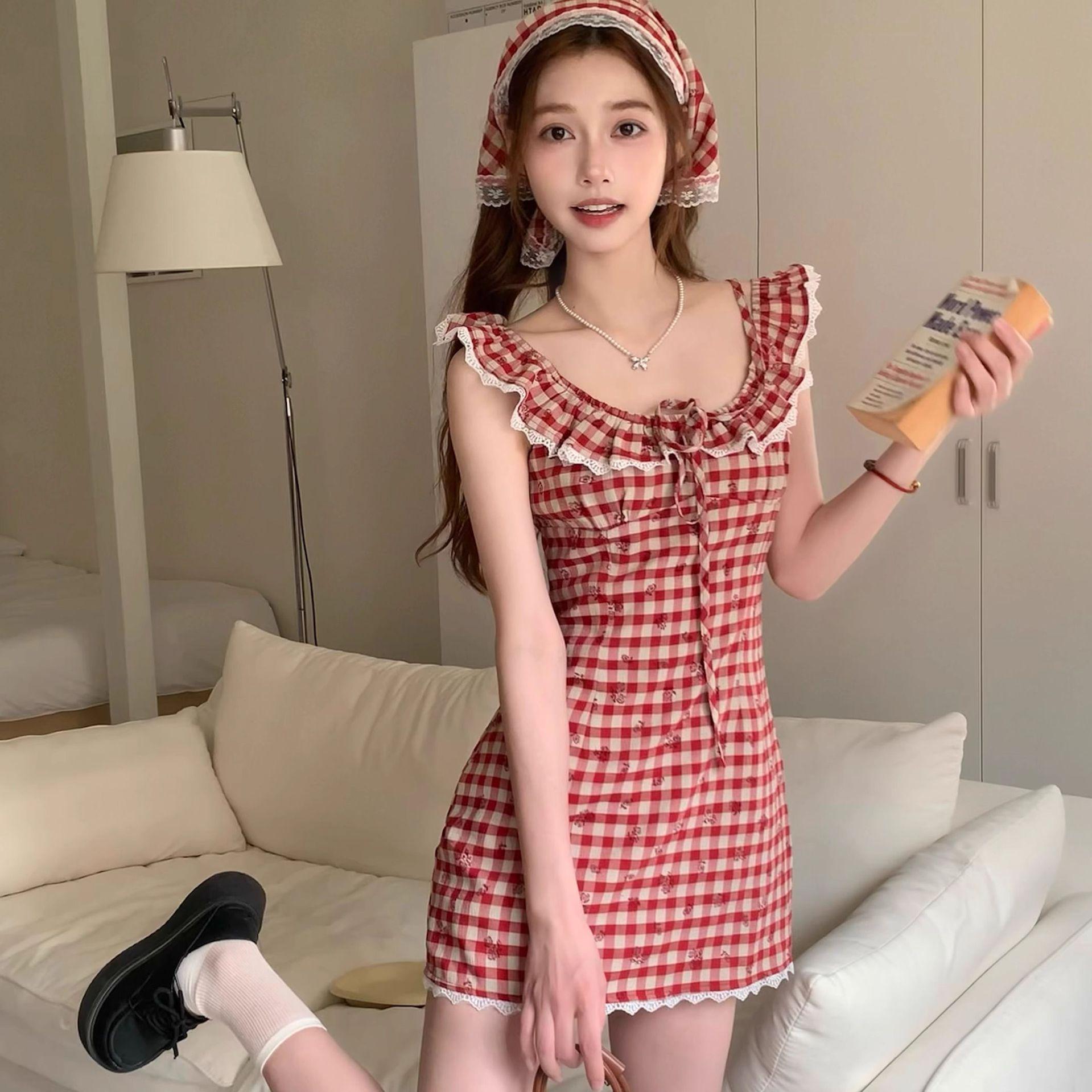 

Ретро клетчатое платье с бантом и кружевом - Женское летнее милое жилетное мини-платье L