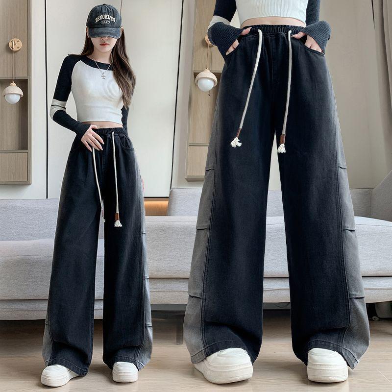 Plus Size Women's Black Denim Pants, Loose Elastic Waist, Wide-Leg, Straight, Floor-Length, Winter Extra Thick, Slimming, Fits Up to 200 Jin.