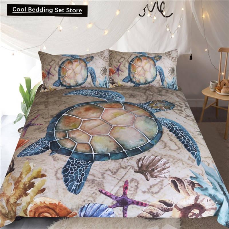 Sea Turtle Duvet Cover Set Pillow Cases Ocean Animal Turtle Bedding Set Queen King Kids Home Textiles Map Coral Soft Quilt Cover