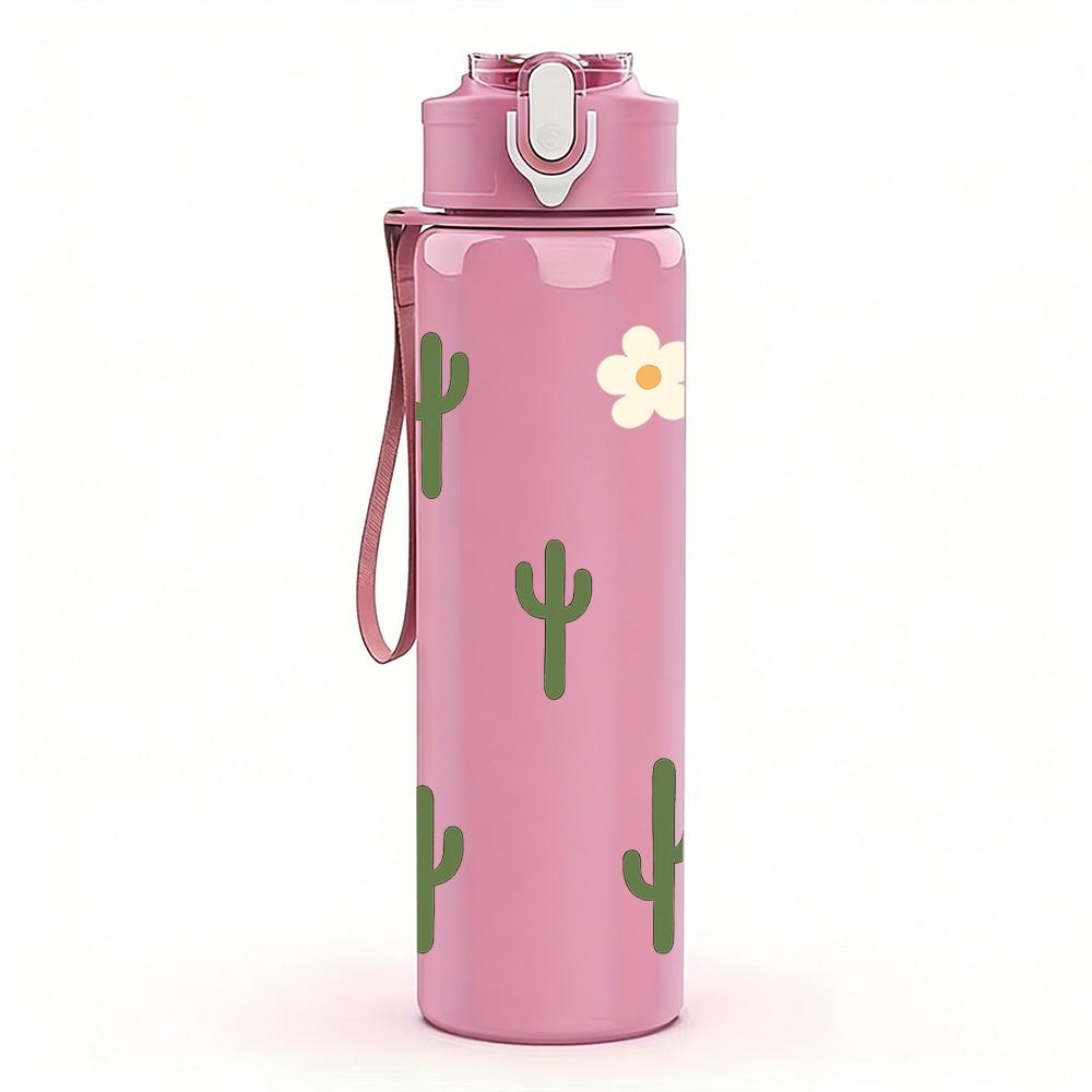 1PC Simple Desert Cactus Plant Pattern 750ml Color Plastic Sports Water Bottle Leakproof Flip Straw Lid Suitable for Sports Office Home Use