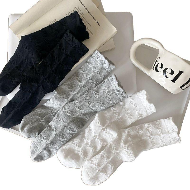French Solid Color Boneless Pleated White Socks Versatile Cotton Mid-Leg Socks Mesh Thin Korean Cake Socks
