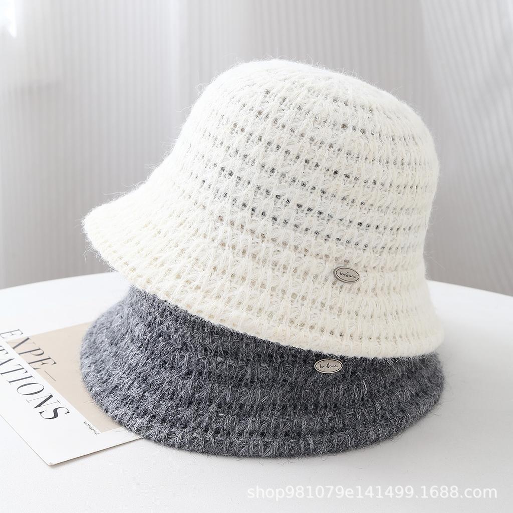 New hollow knitted basin hat foldable bucket hat big head circumference windproof warm face small bucket hat tide
