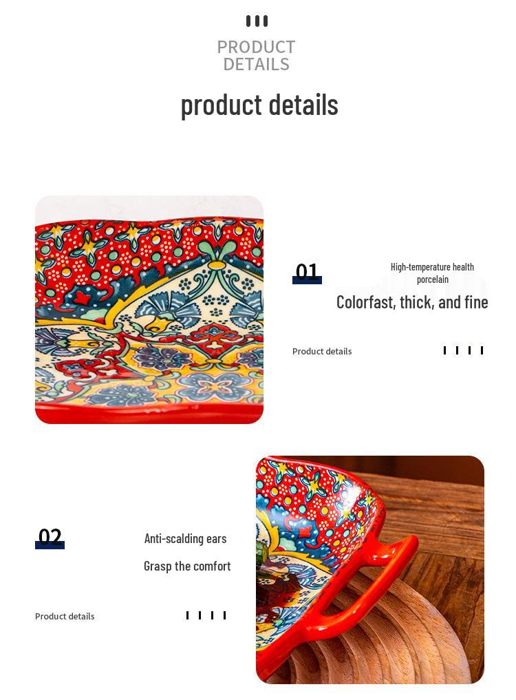 Bohemian Čtvercový keramický jídelní talíř se dvěma uchy - Kreativní, Trendy miska na ovoce
