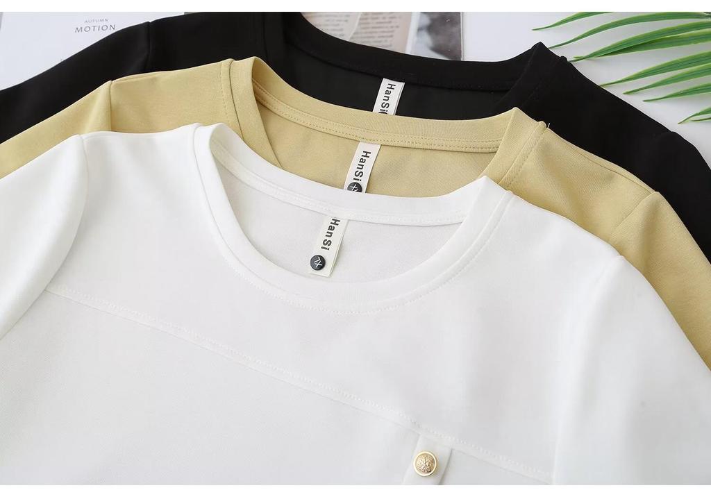 Plus Size Women's Patchwork Short Sleeve Tee with Studded Buttons - 2026 New Style Fashion Top