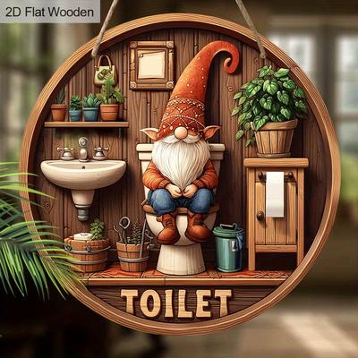 Cartello Rotondo in Legno 2D Vintage Gnomo Toilette,Mensola da Parete per Bagno Appeso Affascinante Decorazione per la Casa,Pittura su Tavola di Legno Carina da Appendere a Finestra Recinzione,Decorazione per la Casa Nuova