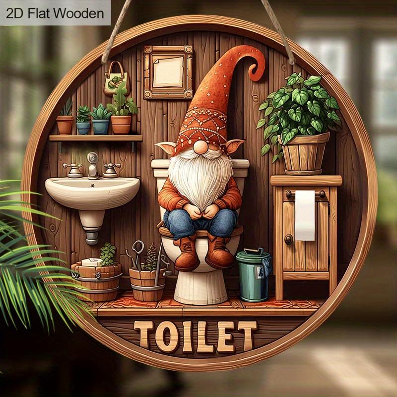 2D Vintage Skřítek Toaleta Dřevěná Kulatá Značka, Závěsná Okouzlující Domácí Dekorace na Nástěnnou Polici do Koupelny, Závěsná Roztomilá Dřevěná Tabulka s Malbou na Okno/Plot, Dekorace do Nového Domova