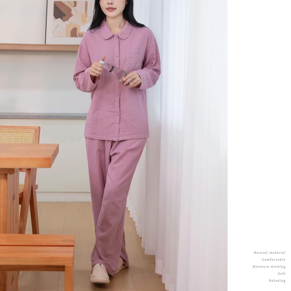Yes Family Cotton Gauze Long Open Double Loungewear Size Pink Women's 100% Pajamas, Sleeves, Front, Gauze, Set, Autumn, L,