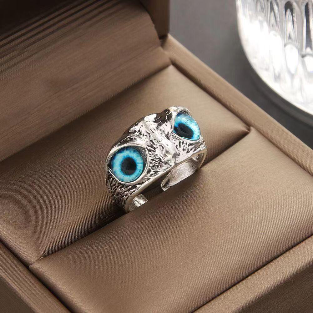Retro Blue Eye Owl Adjustable Open Ring Punk Gothic Edgy Jewelry For Men Women Creative Animal Accessories Cute Gift For Family