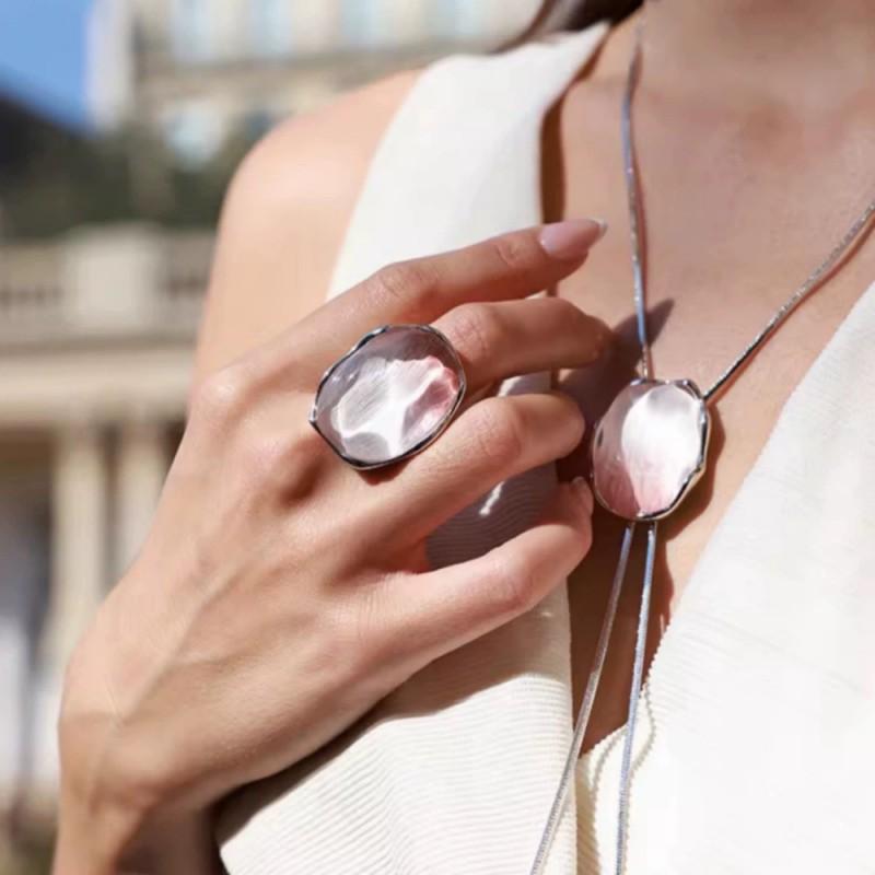 Adjustable Gradient Pink Layered Necklace Set With Earrings Ring Women Resin Geometric Pendant On Gold-Plated Snake Chain