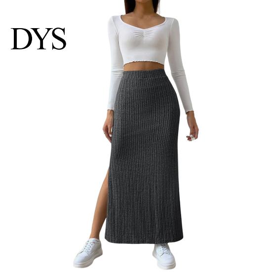 Casual Maxi Skirt with Side Slits High-Waisted Ribbed Long Flattering High-waisted Polyester Spandex Solid Color Hip Wrapped Autumn Winter Slimming