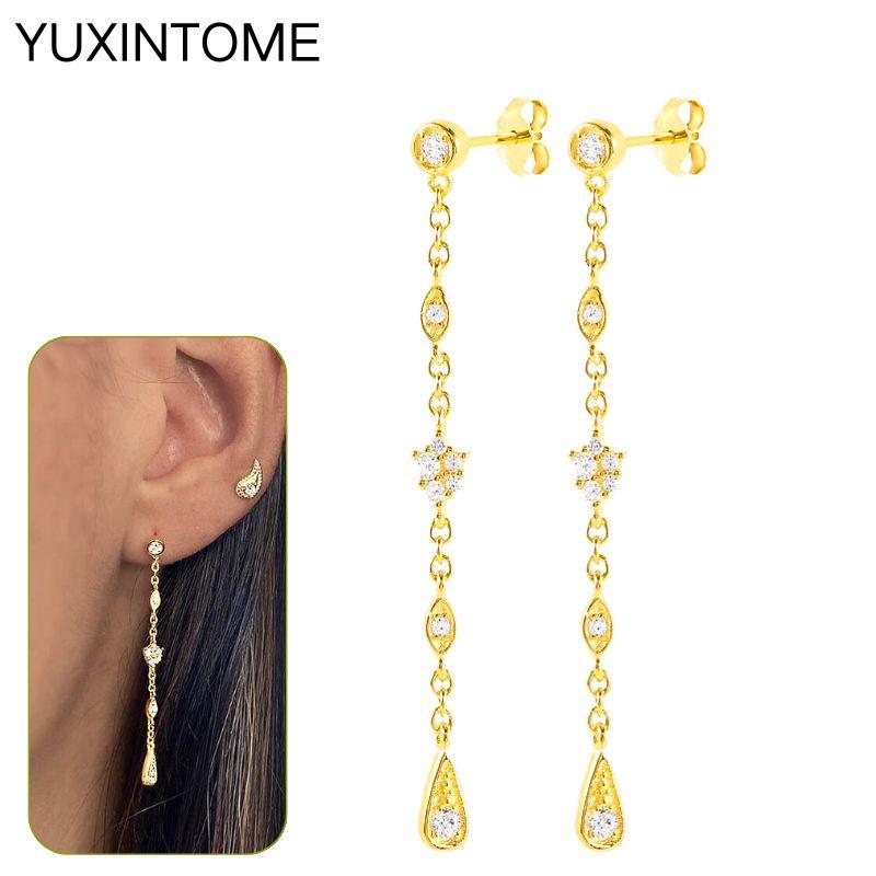 925 Silbernadel Exquisite Weiße Zirkon Steckerohrringe für Damen Geometrische Lange Kette Quaste Ohrringe Luxuriöser Schmuck