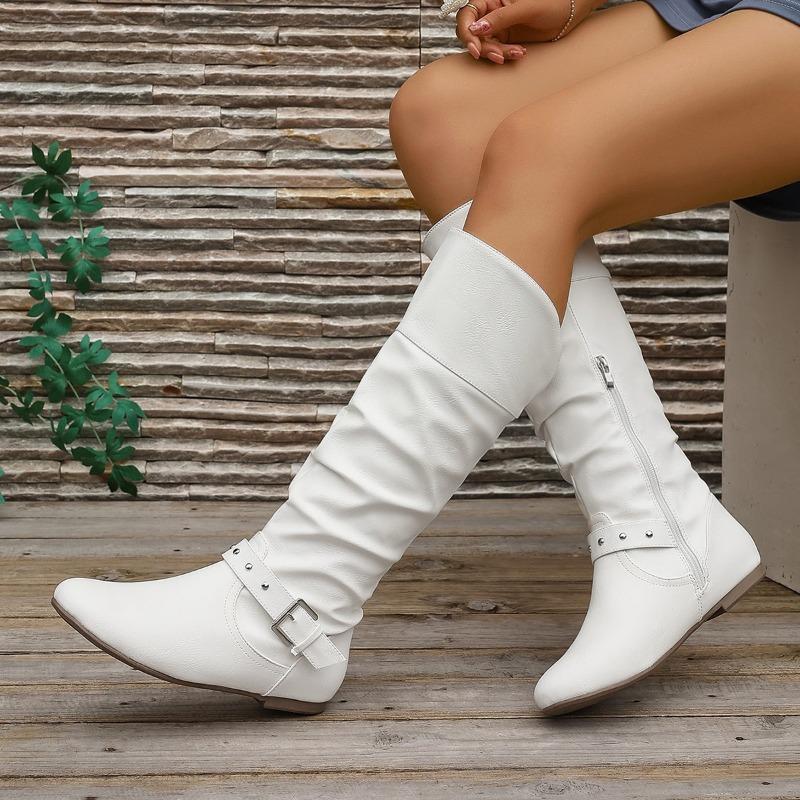 Damen Überweite Vintage Stiefel, Kniehohe Stiefel zum Hineinschlüpfen mit Schnallendetail, Stiefeletten im europäischen Stil mit runder Zehenpartie