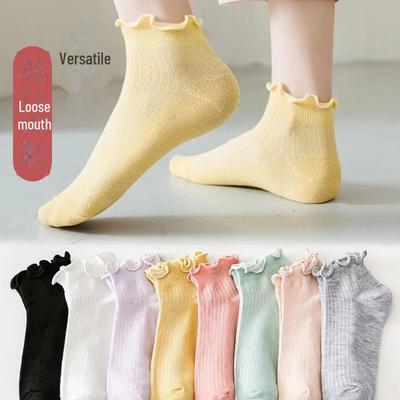 Einfarbige kurze Baumwollsocken mit Holzohren für Damen – trendige, süße, lässige Bootssocken aus Spitze