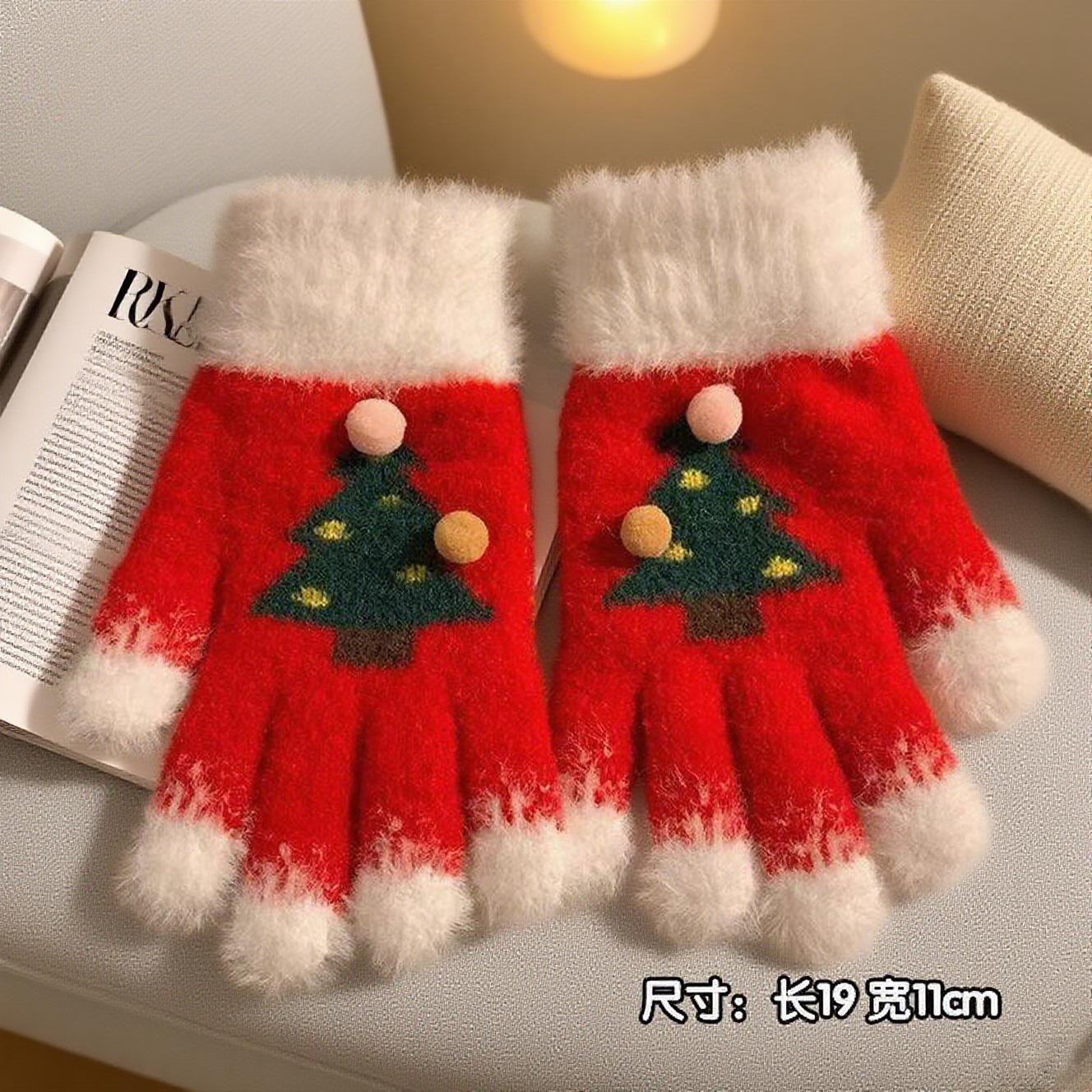 

Winter Children Warm Knitted Gloves Christmas Cute Touch Screen Cold Proof Finger Fluffy Fur Snowflake Christmas Tree Gloves New One Size красный