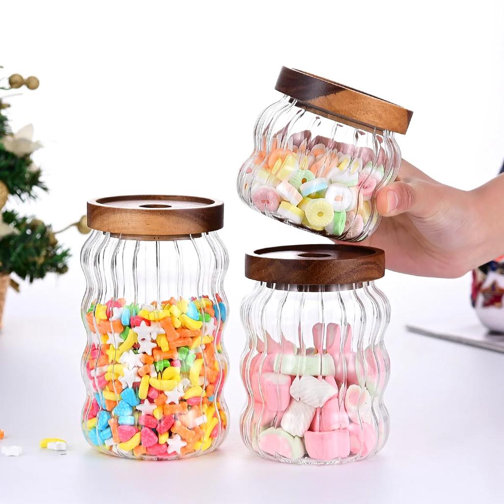 Capac de lemn cu dungi din sticlă, sticle de depozitare sigilate, borcane pentru ceai, cafea, boabe, bomboane, organizator, recipiente din sticlă pentru alimente, bucătărie