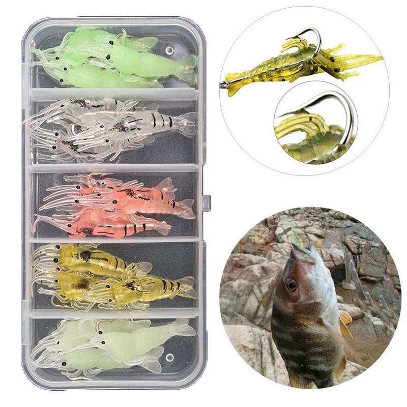 15Pcs Pvc Shrimp Lures Multicolor Soft Luminous Shrimp Bait Set Fishing Lure With Sharp Hook