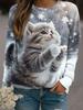 Süße Katze Grafik Damen Rundhals-Sweatshirt Herbst Tier 3D-Druck Damen Langarm Y2k Pullover Harajuku Damenbekleidung