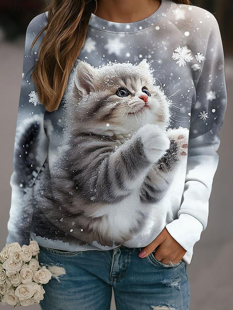 Cute Cat Graphic Women Round-neck Sweatshirt Autumn Animal 3D Print Women Long Sleeves Y2k Pullover Harajuku Female Clothing