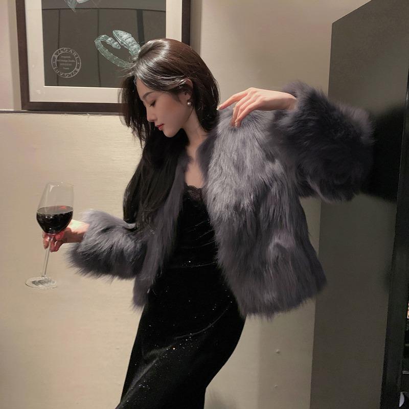 Winter New Elegant Long Sleeve Fox Fur Jackets Women Fashion Vintage Slim Plush Warm Casual Coats Women Solid Loose Office Ladies Jacket Tops 25879