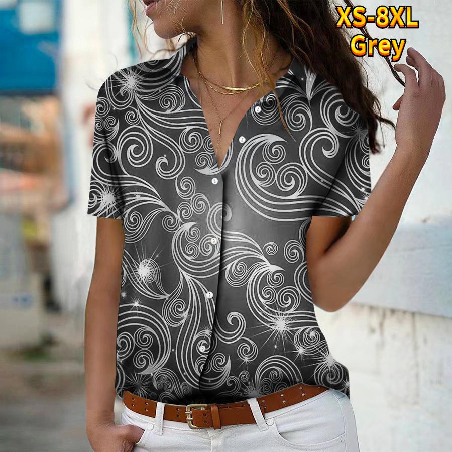 

Лето 2025 Новая Мода Женская Повседневная Рубашка Топ с Коротким Рукавом V-образным Вырезом и Пуговицами с Растительным Принтом 7XL