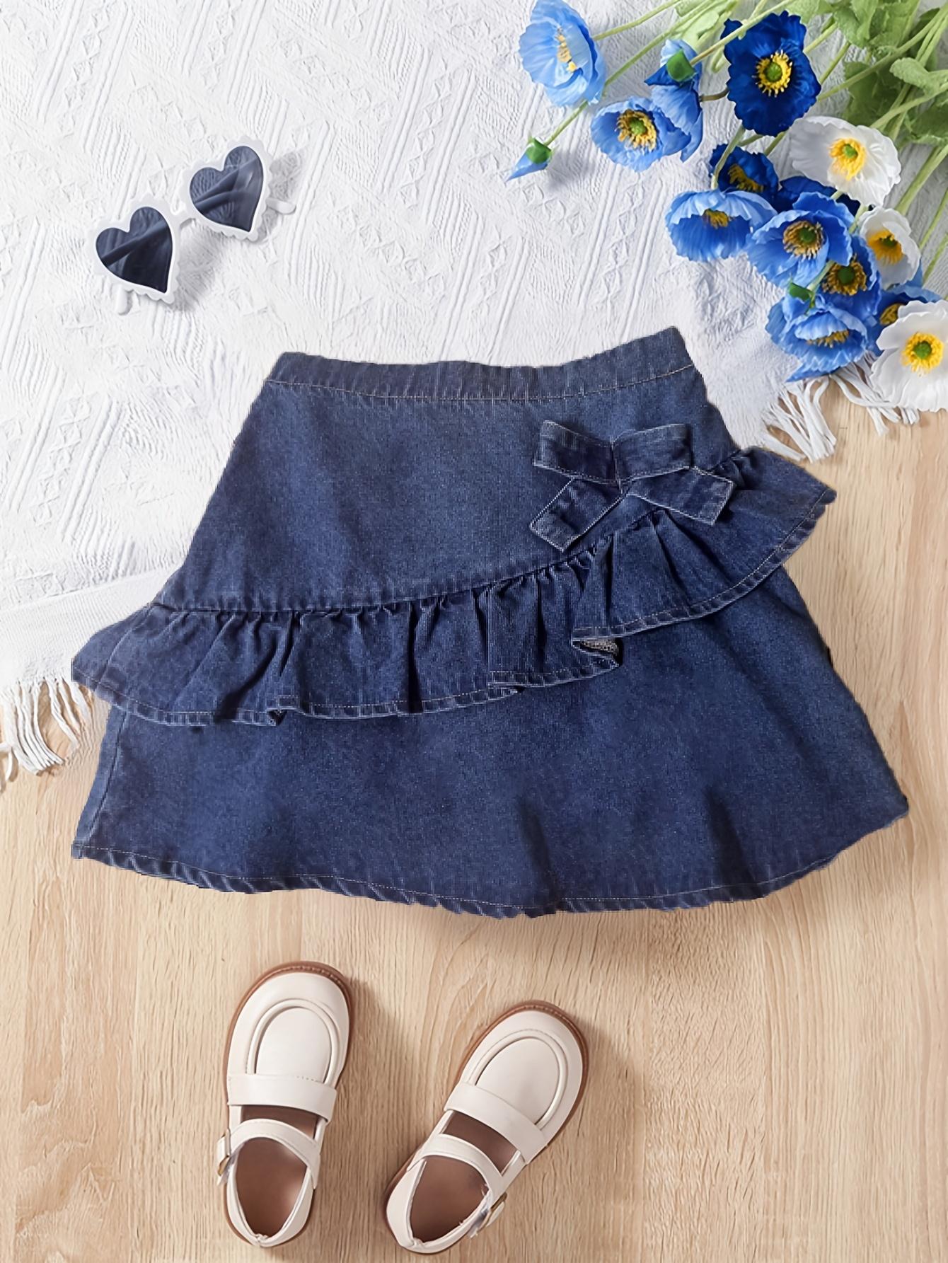 Girls Sweet & Casual Ruffled Bowknot Washed Denim Mini Skirt for Summer 8Y темно-синий