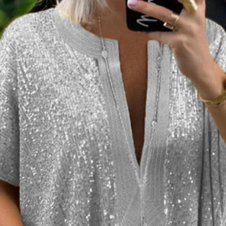 V Neck Short Sleeve Blouse Loose Tops Women Ladies Vacation T-shirt Wide Hem