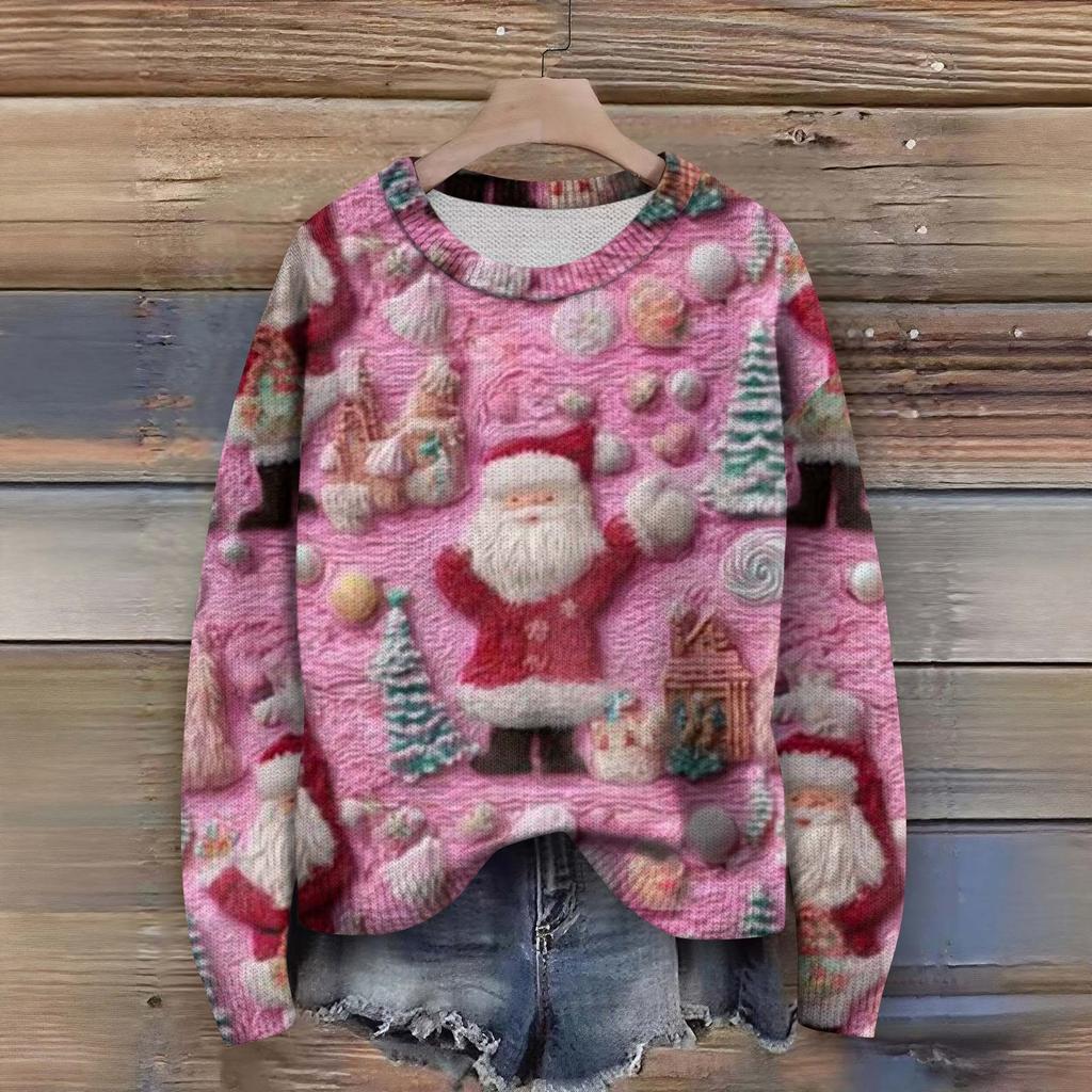 Pulls à manches longues pour femmes Col O Décontracté Mignon Tricot Imprimé Pull Oversize
