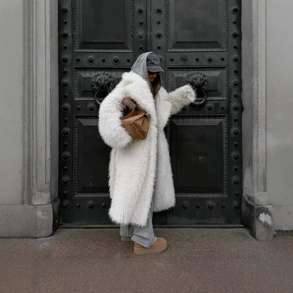 European and American women's clothing autumn and winter new white imitation lamb wool lace-up waist extended fur coat